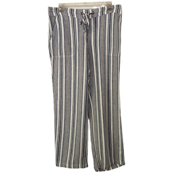 Per Se Striped Linen Blend Pull On Straight Leg Pants Blue Tan and White Size M - Picture 2 of 12